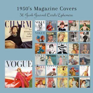 1950s Magazine Cover Junk Journal Cards - 36 Cards Vogue, 1950-1959 covers